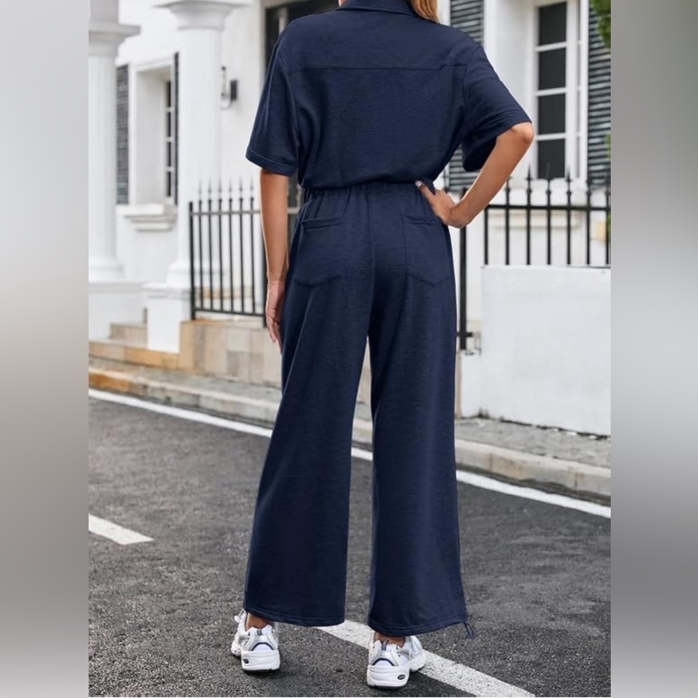 Womens Button Up Collared Short Sleeve High Waisted Drawstring Hem Casual - Picture 3 of 4